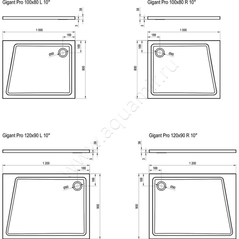 Душевой поддон из литого мрамора Ravak Galaxy Pro 10 XA05A40101L размеры