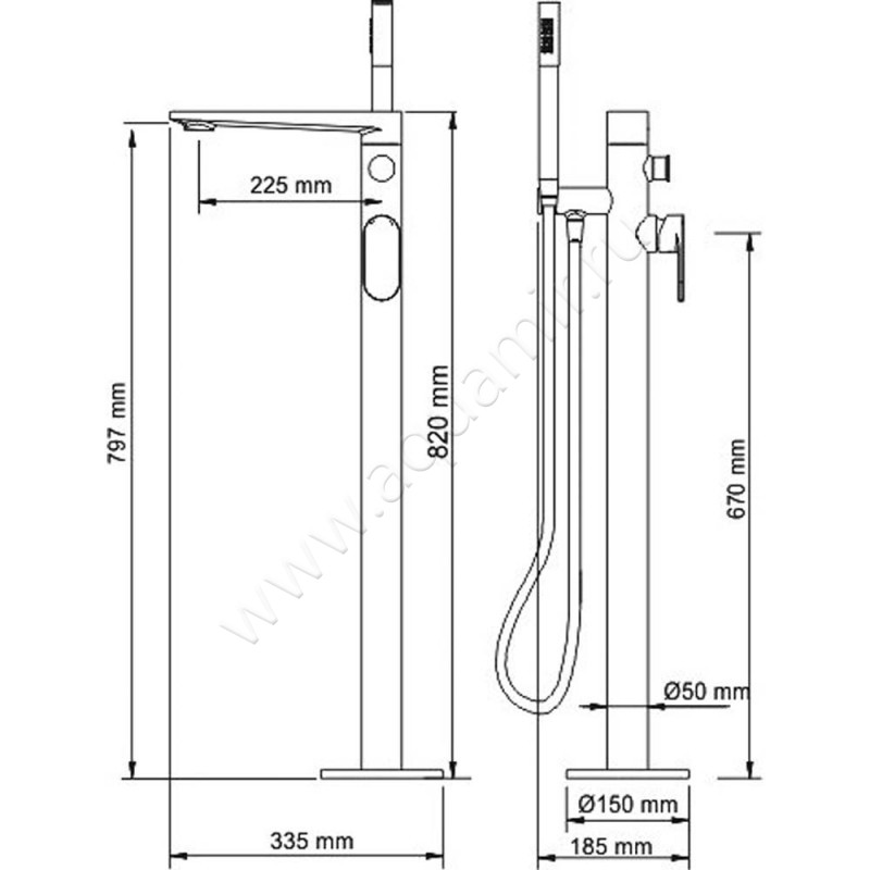 Напольный смеситель для ванны Wasserkraft Elbe 7421 размеры