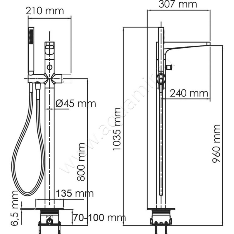 Напольный смеситель для ванны Wasserkraft Sauer 7121 размеры