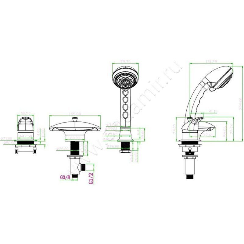 Смеситель на борт ванны Boheme Niagara 389N размеры