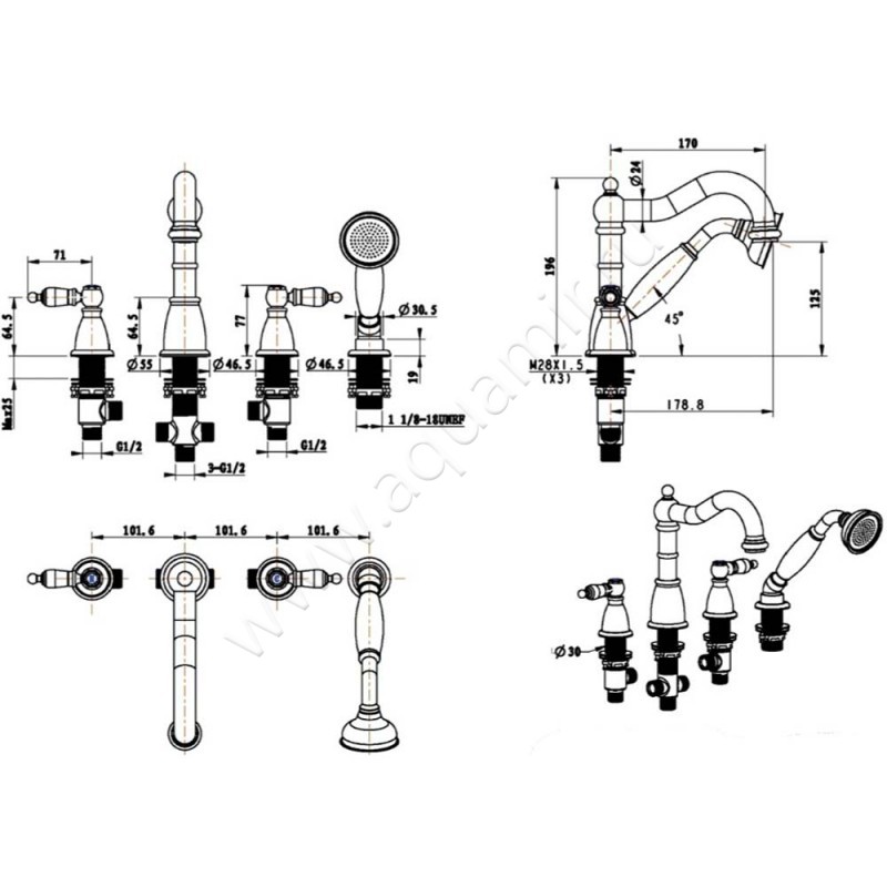 Смеситель на борт ванны Boheme Oro 395 размеры