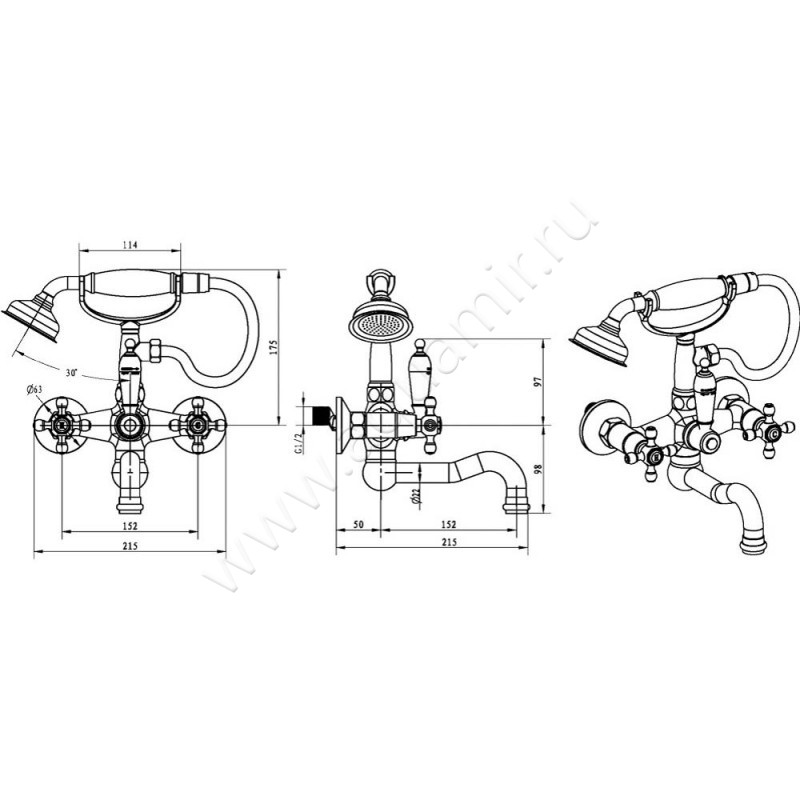 Смеситель для ванны Boheme Royal Cristal 293ROYALCRST размеры