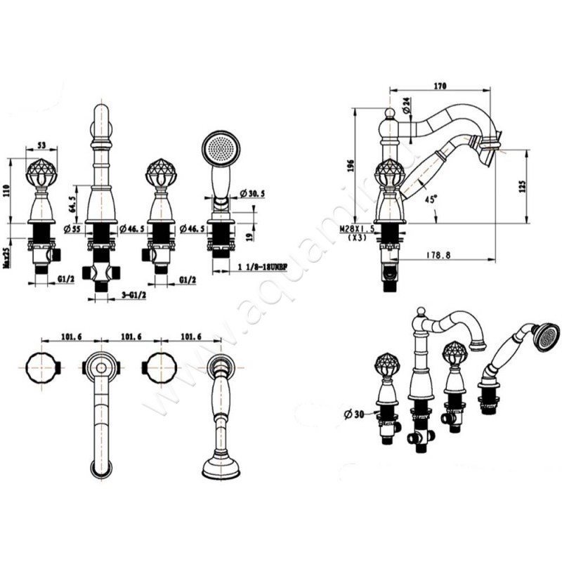 Смеситель на борт ванны Boheme Brillante 393 размеры