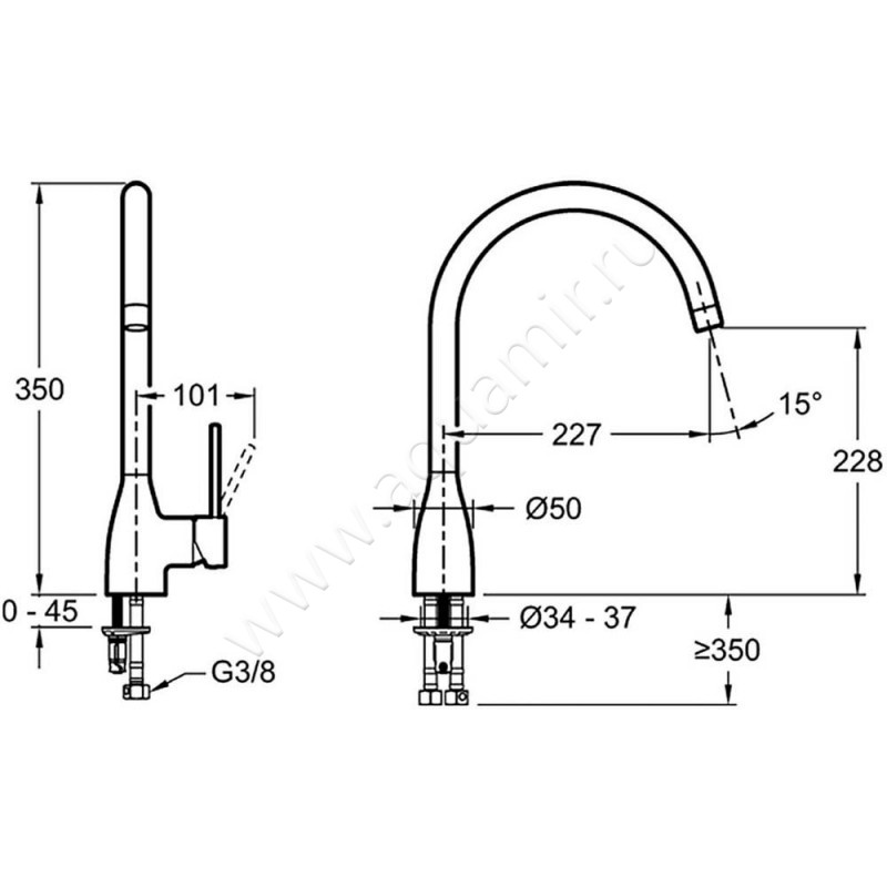 Смеситель для кухни Jacob Delafon Mariette E23303CP размеры