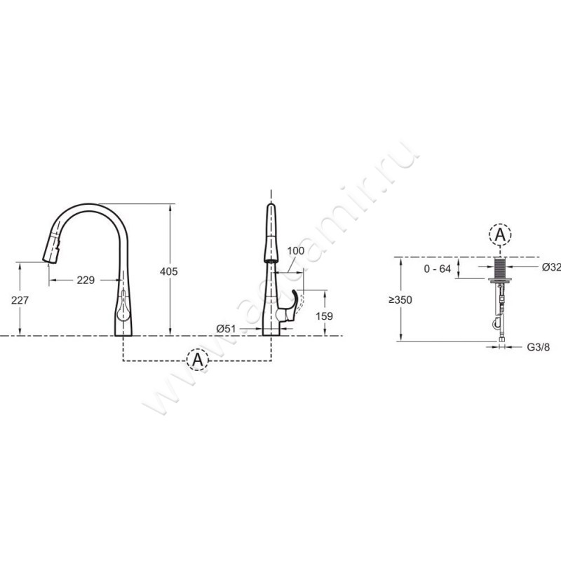 Смеситель для кухни Jacob Delafon Simplice 596DCP размеры