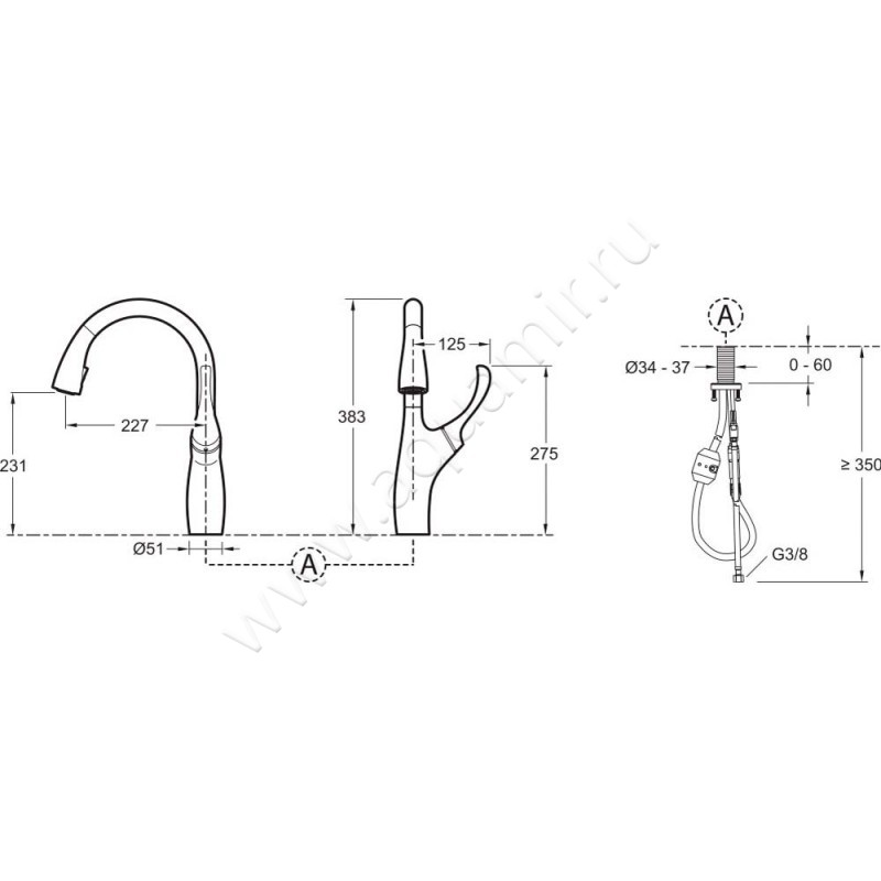 Смеситель для кухни Jacob Delafon Suzanne E72511VS размеры