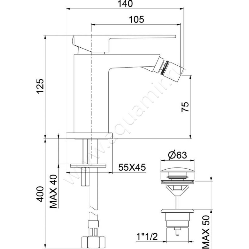 Смеситель для биде Webert Pegaso PE840102794 размеры