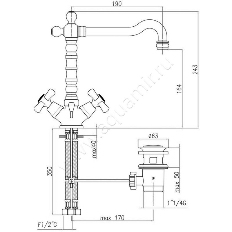 Смеситель для раковины Webert Armony AM700302065 размеры