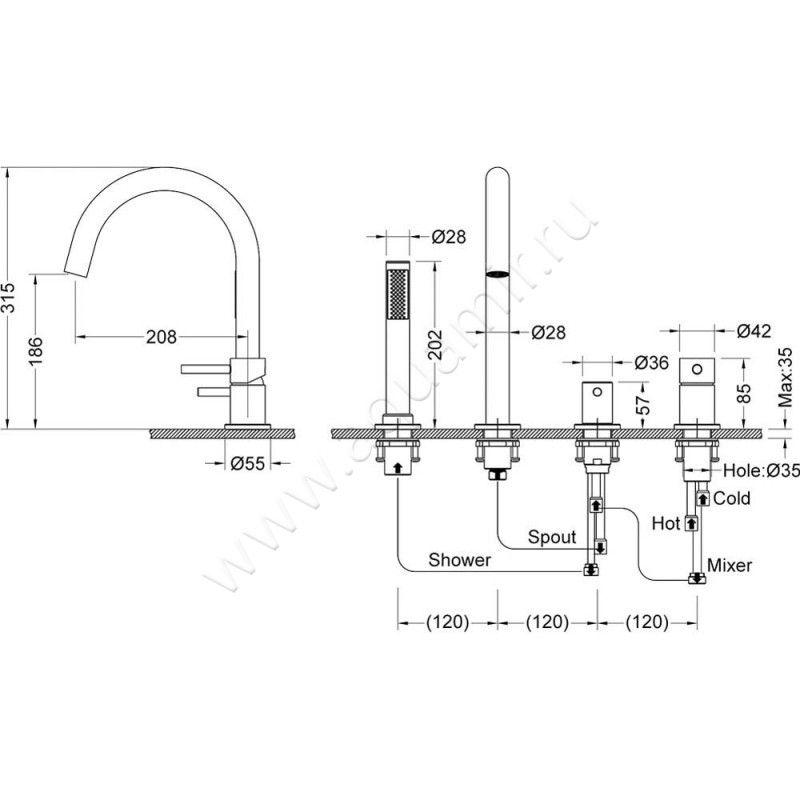 Смеситель на борт ванны Timo Saona 232017Y размеры