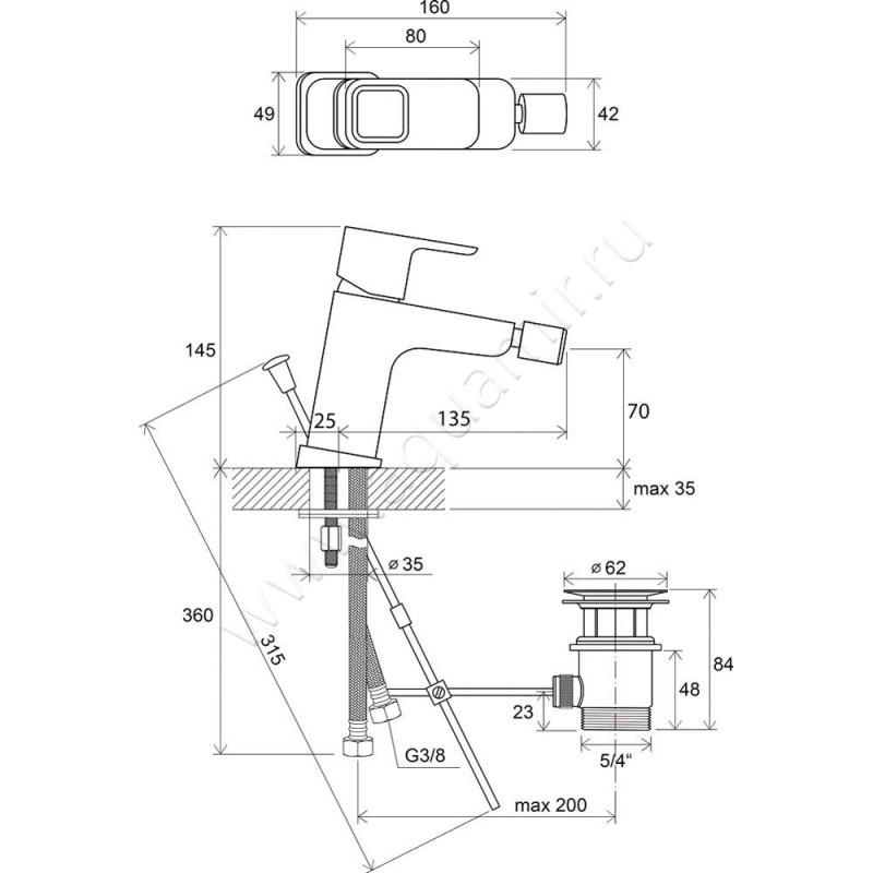 Смеситель для биде Ravak 10 X070067 размеры