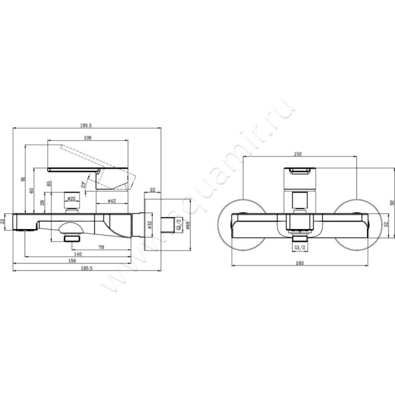 Смеситель для ванны Villeroy & Boch Architectura TVT10300200061 размеры
