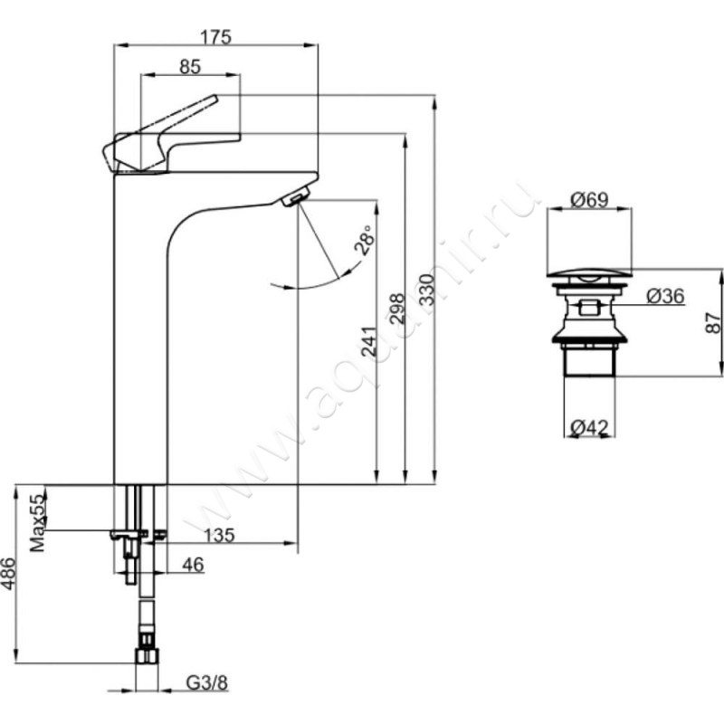 Смеситель для раковины Villeroy & Boch Subway 2.0 TVW10210511061 размеры