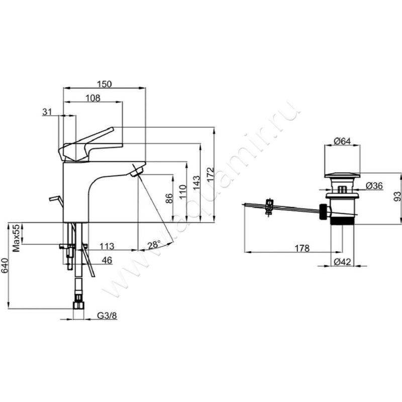 Смеситель для раковины Villeroy & Boch Subway 2.0 TVW10210111061 размеры