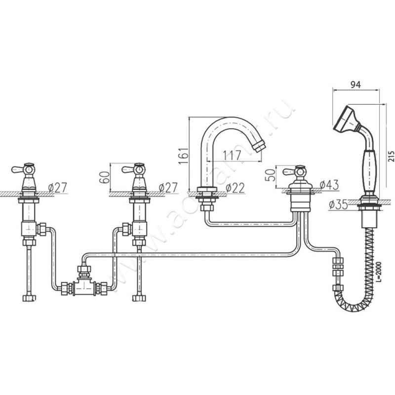 Смеситель на борт ванны Rav Slezak Morava MK5625PSM размеры