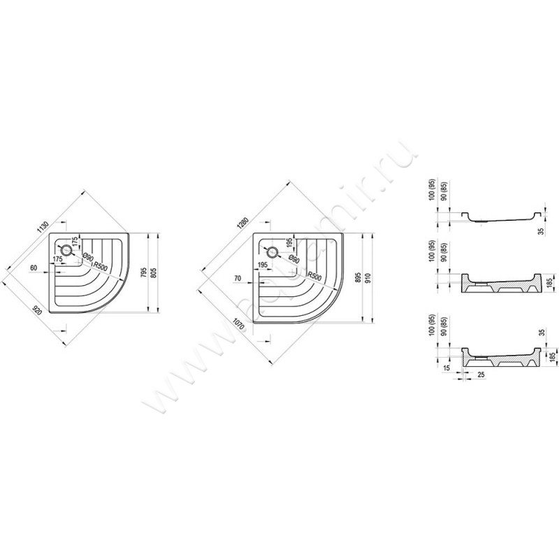 Душевой поддон акриловый Ravak Kaskada A204001320 размеры