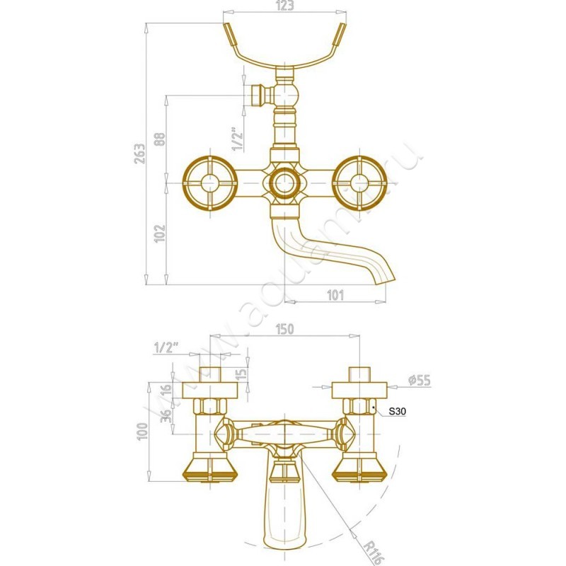 Смеситель для ванны Bronze de Luxe 10119 размеры