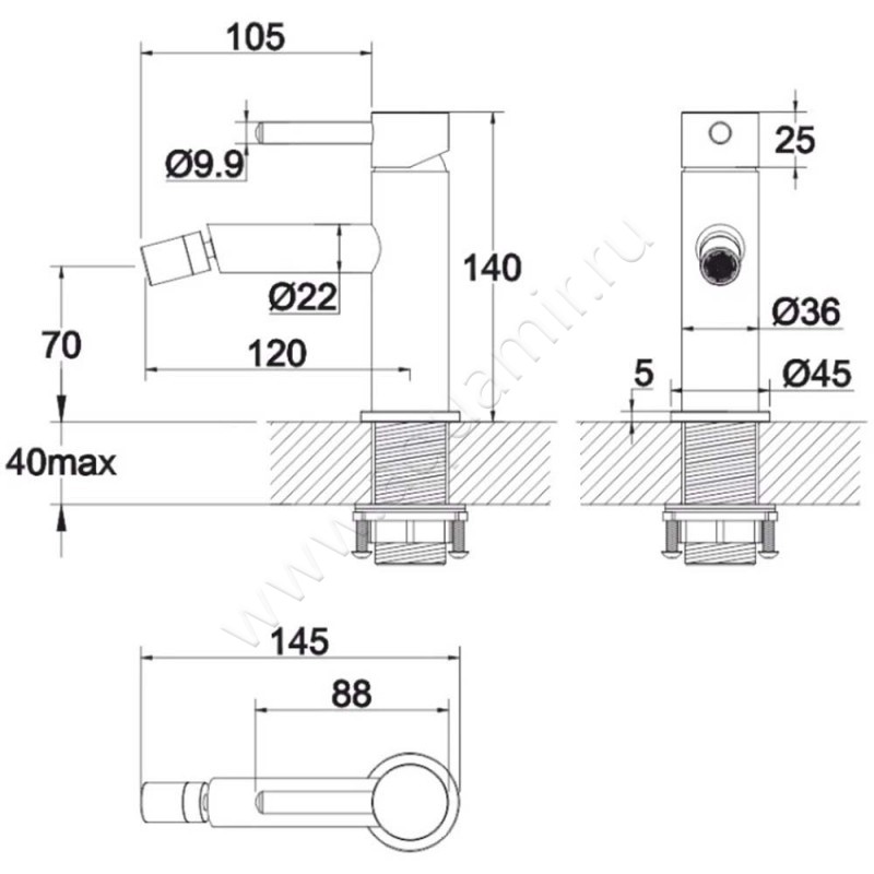 Смеситель для биде Omnires Y Y1220BL размеры