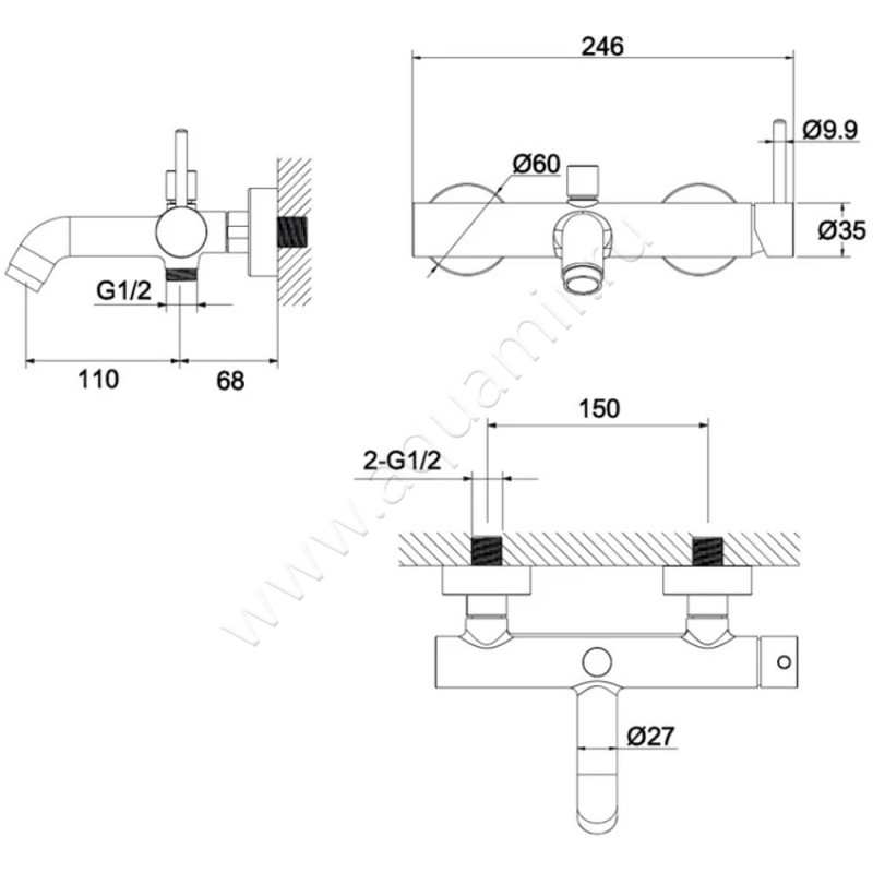 Смеситель для ванны Omnires Y Y1230GL размеры