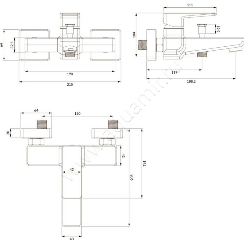 Смеситель для ванны Omnires Parma PM7430BL размеры