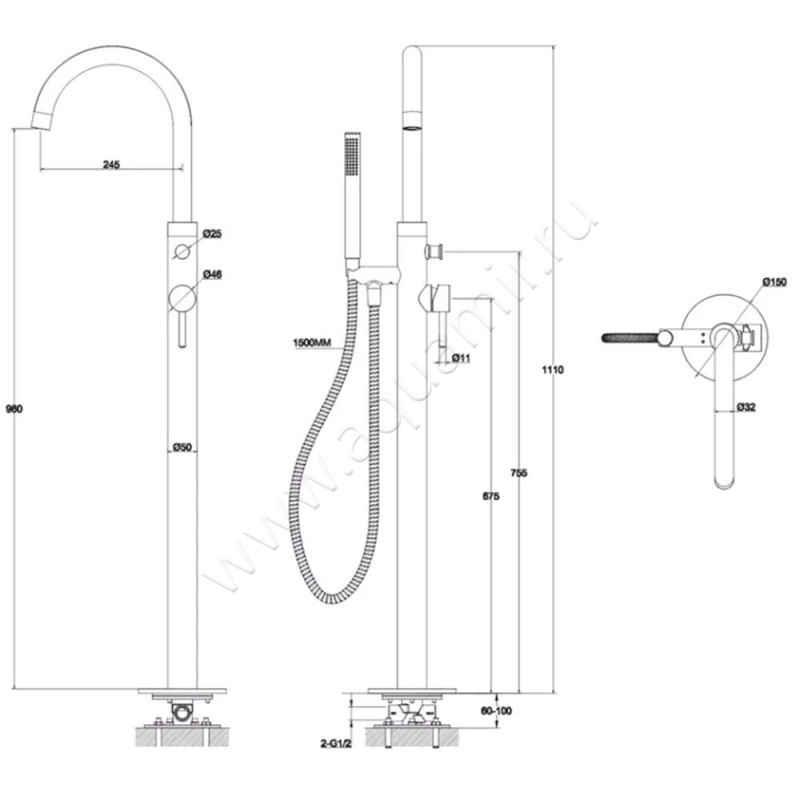 Напольный смеситель для ванны Omnires Y Y1233GLB размеры