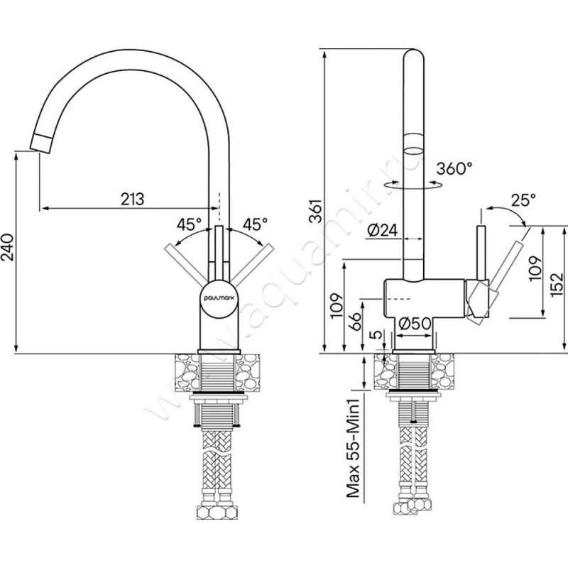 Смеситель для кухни Paulmark Bend BE212066-SS размеры