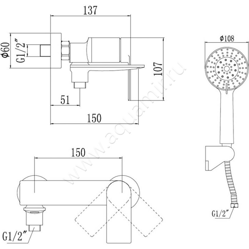 Смеситель для ванны Savol S-601808H размеры