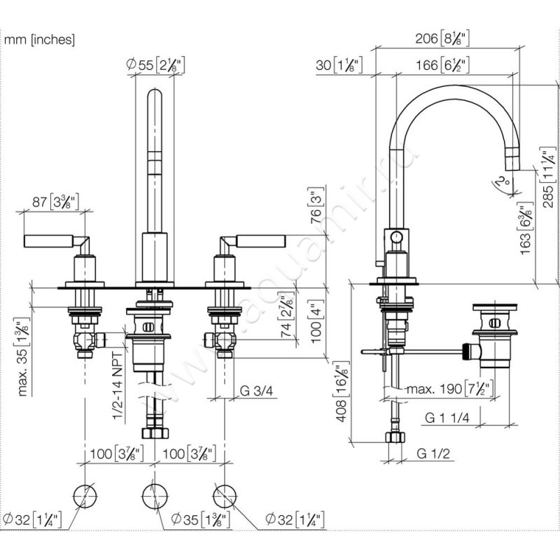 Смеситель для раковины Dornbracht TARA 20713882-19 размеры