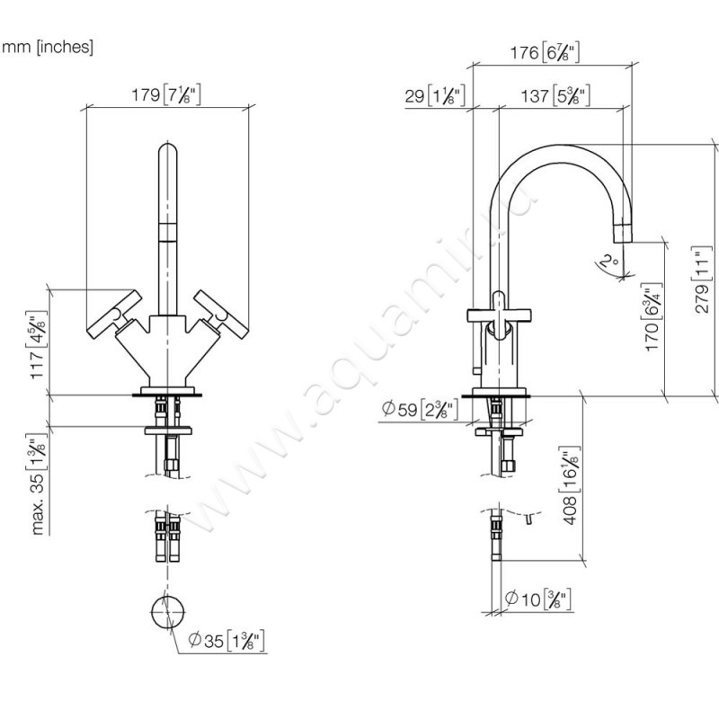 Смеситель для раковины Dornbracht TARA 22512892-99 размеры