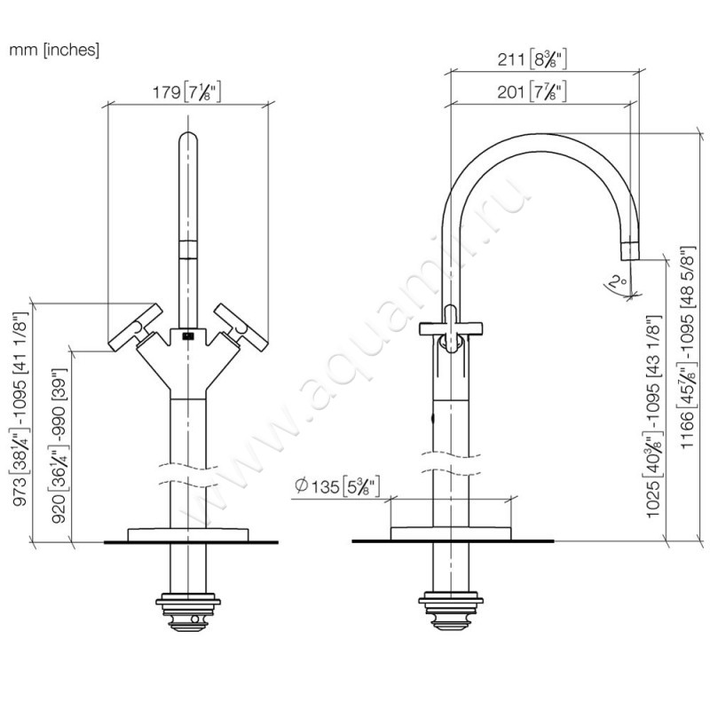 Смеситель для раковины Dornbracht TARA 22585892-99 размеры