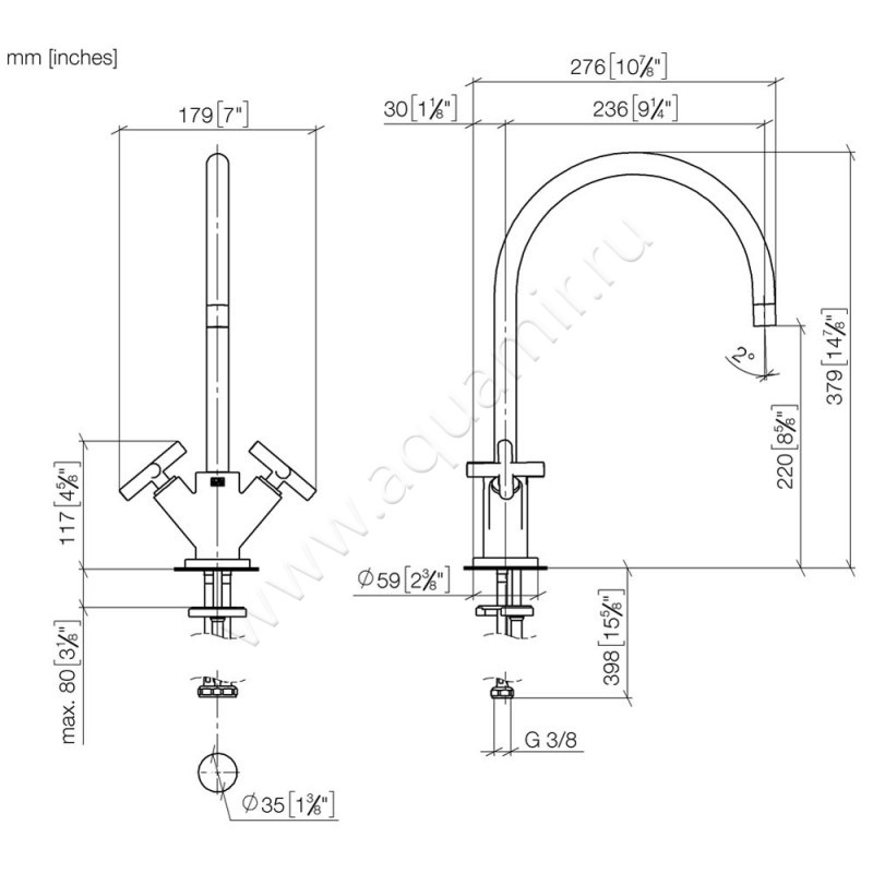 Смеситель для кухни Dornbracht TARA 22815892-33 размеры