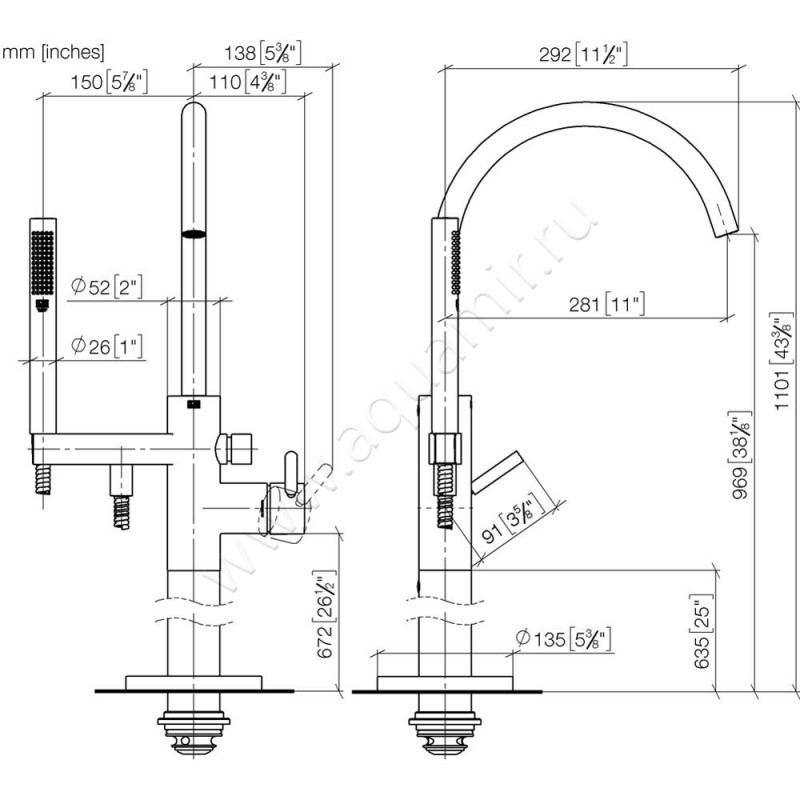 Смеситель для ванны Dornbracht META 25863661-46 размеры
