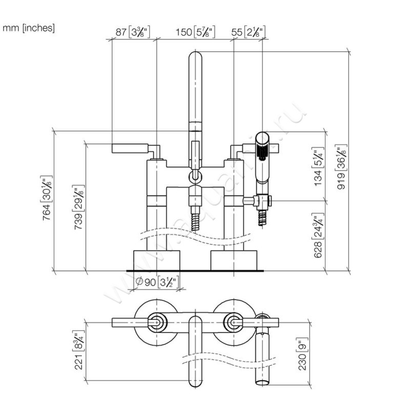Смеситель для ванны Dornbracht TARA 25943882-19 размеры