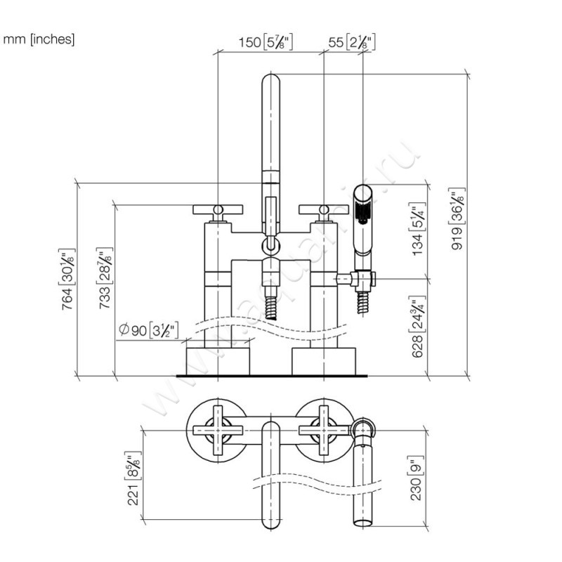 Смеситель для ванны Dornbracht TARA 25943892-99 размеры