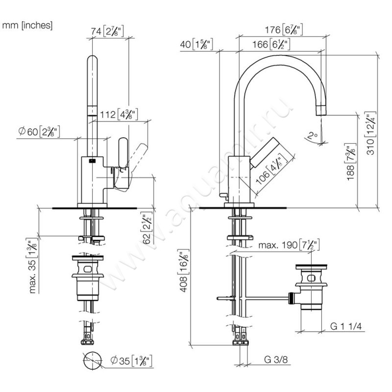 Смеситель для раковины Dornbracht TARA 33513882-47 размеры