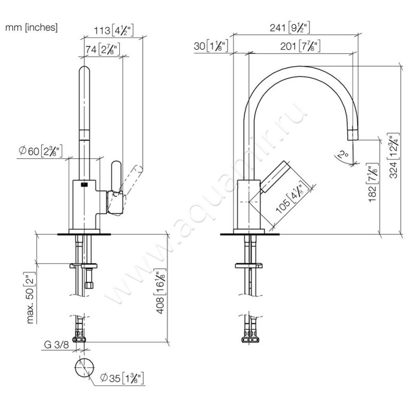 Смеситель для кухни Dornbracht TARA 33800888-33 размеры