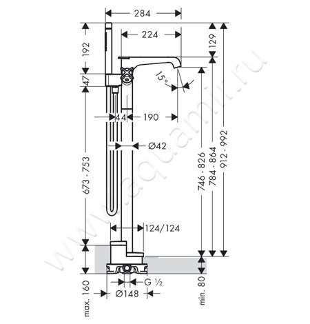 Напольный смеситель для ванны с термостатом Hansgrohe Axor Citterio E 36416300 размеры