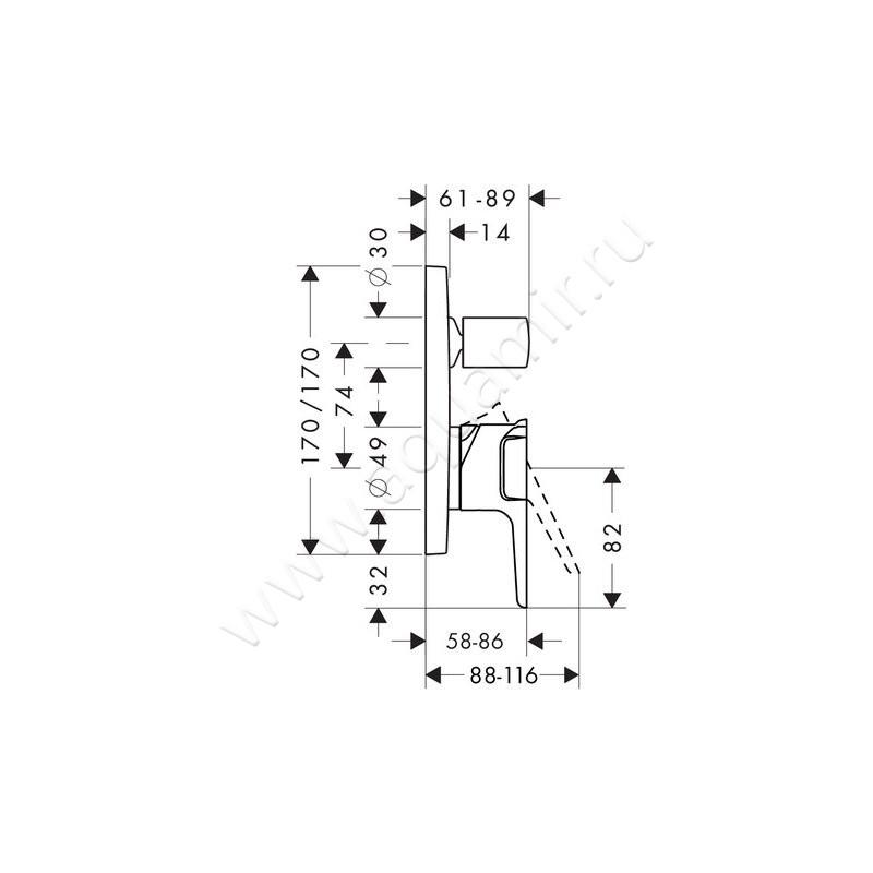 Однорычажный смеситель для ванны/душа Hansgrohe Axor Citterio E 36455300 размеры