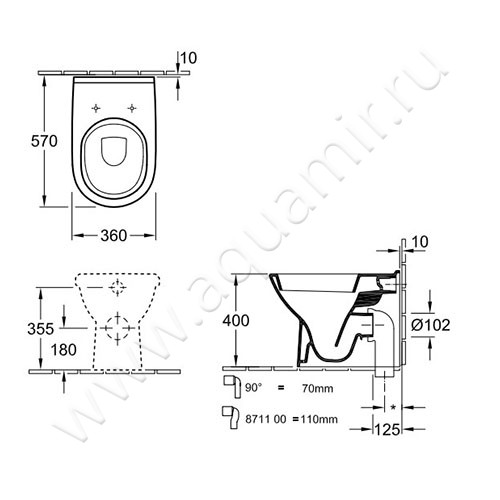 Унитаз приставной Villeroy & Boch O.NOVO 56571001 + 9M38S101 размеры