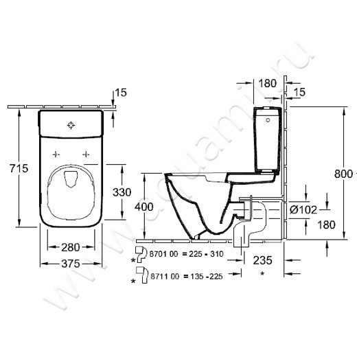 Унитаз-компакт Villeroy & Boch VENTICELLO 4612R001 + 57071101 + 9M80S101 размеры