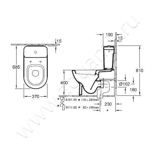 Унитаз-компакт Villeroy & Boch SUBWAY 661010R1 + 772311R1 + 9M55Q101 размеры