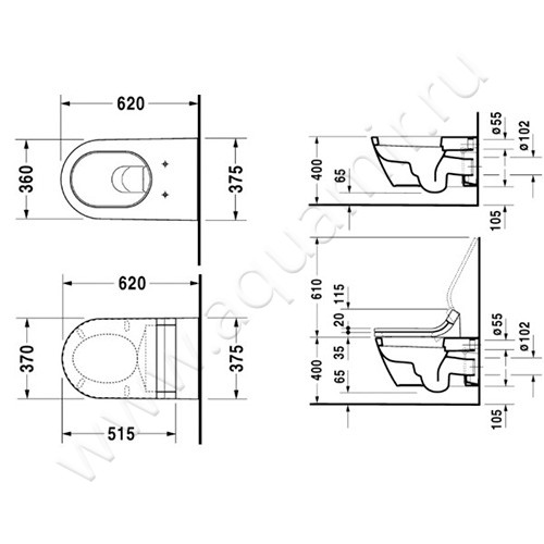Унитаз подвесной с функцией биде Duravit STARCK 2 2533590000 + 611000002000300 размеры