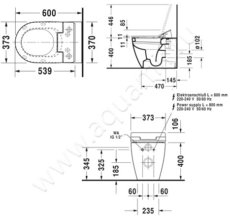 Унитаз приставной с функцией биде Duravit Me By Starck 2169590000 + 611000002304300 размеры