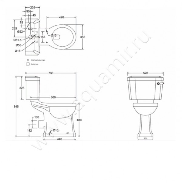 Унитаз-компакт Burlington REGAL P12 + C2 + S42 + A51 CHR размеры