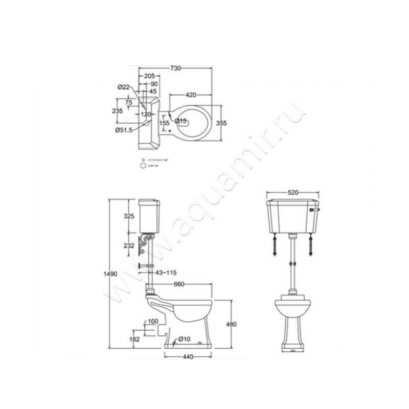 Унитаз напольный со средним бачком Burlington REGAL P12 + T71 CHR + S42 + T33 CHR + A51 CHR размеры