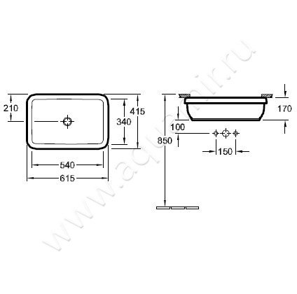 Раковина встраиваемая снизу под столешницу без отверстий Villeroy & Boch Architectura 41776001 размеры
