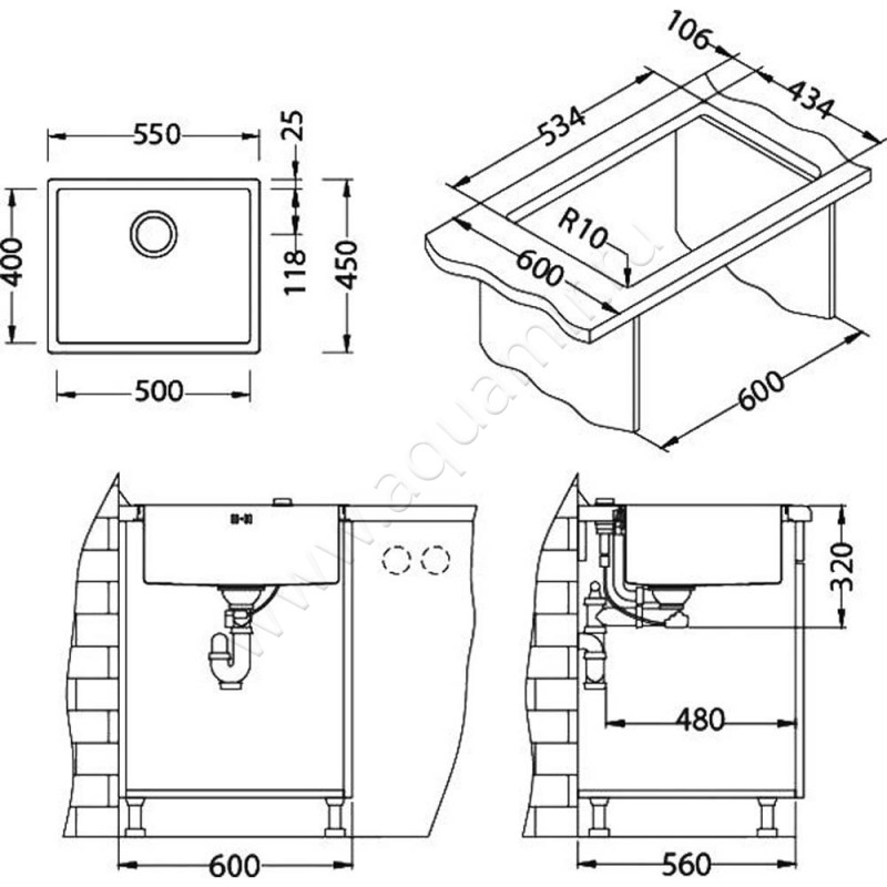 Кухонная мойка Alveus QUADRIX 1102606 размеры