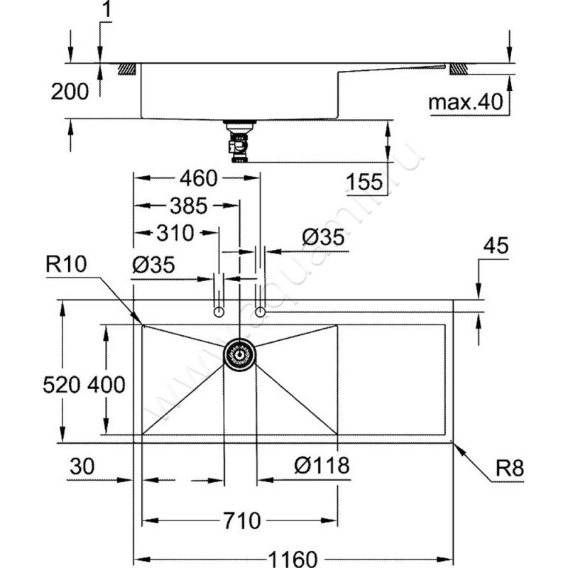 Кухонная мойка Grohe K1000 31581SD1 размеры