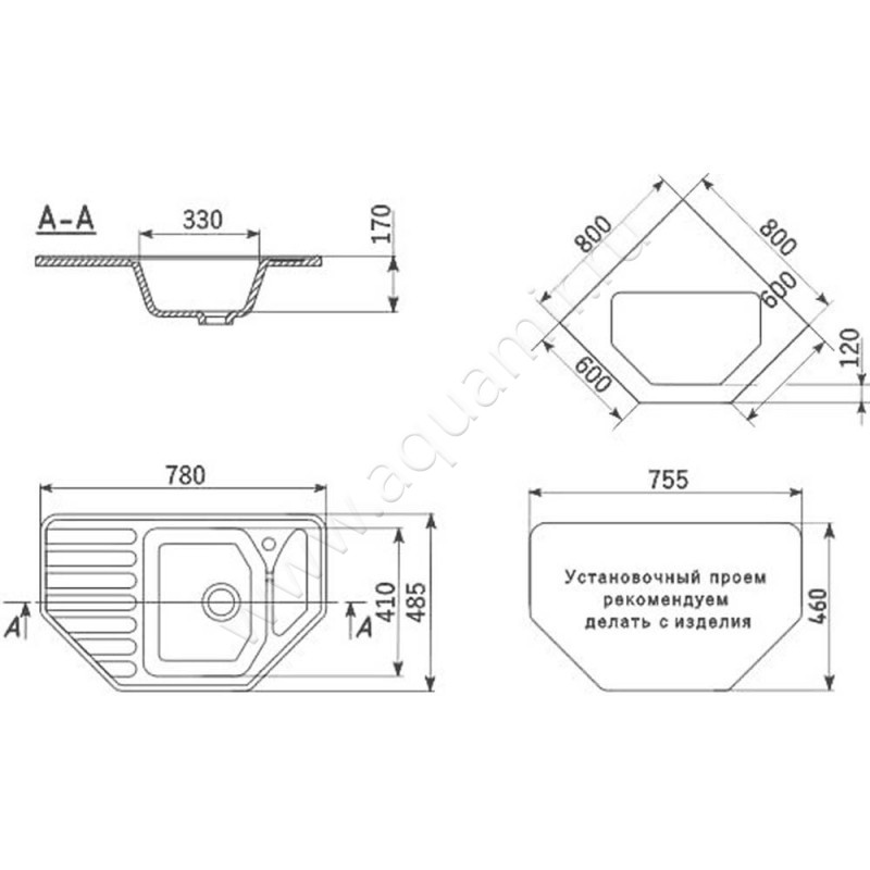 Кухонная мойка Ulgran U-109 U-109-308 размеры