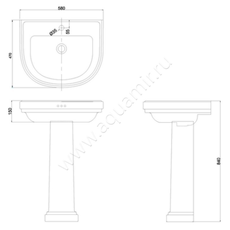 Раковина для пьедестала Burlington Riviera RIV3 3TH размеры