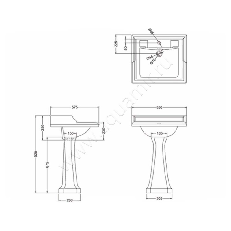 Раковина для пьедестала Burlington Classic B15 1TH + P6 размеры